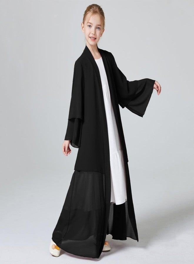 ODIZLI Muslim Chiffon Abaya for Girls Open Front Cardigan Modest Abayas Dresses Middle East Arabian Islamic Long Robe Dress for Kids Church Eid Ramadan Robe Prayer Dress For Girls Black + Hijab 11-12 Years - Image 2